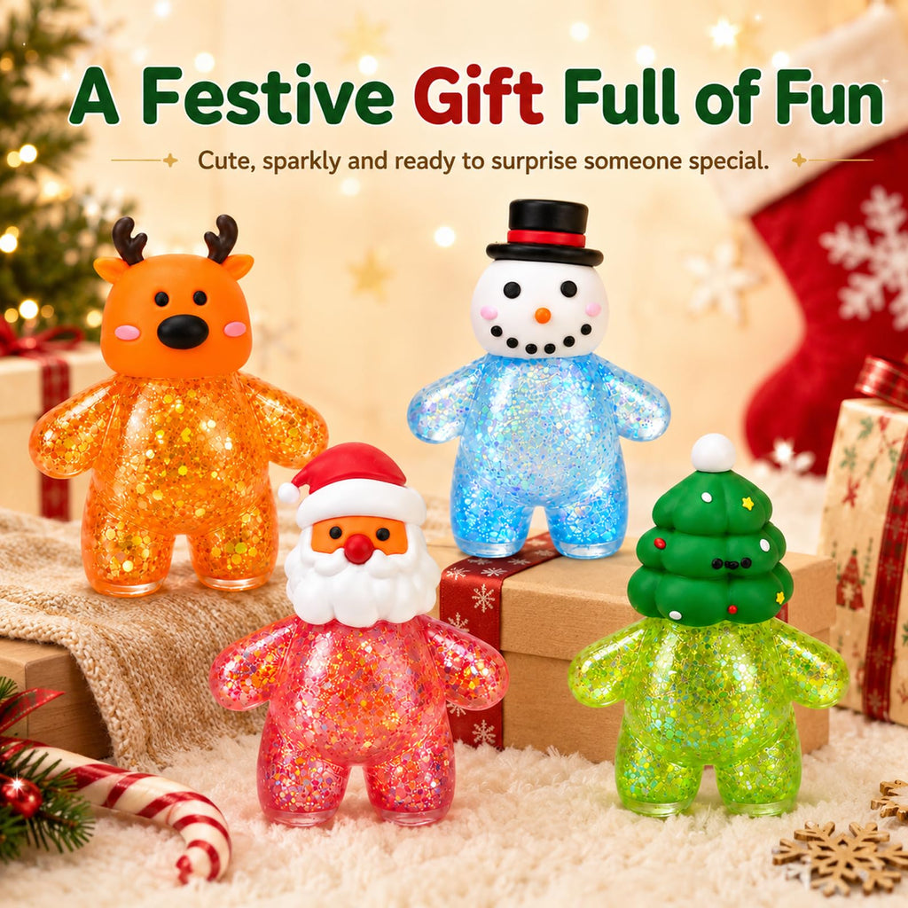 4Pcs Christmas Squishies Toy, Shiny Slow Rising Squeeze Squishy Toys with Soft Body, Fidget Stress Ball, Santa, Snowman,Reindeer,Christmas Tree, Stocking Stuffers, White Elephant Gift for Kids Teens