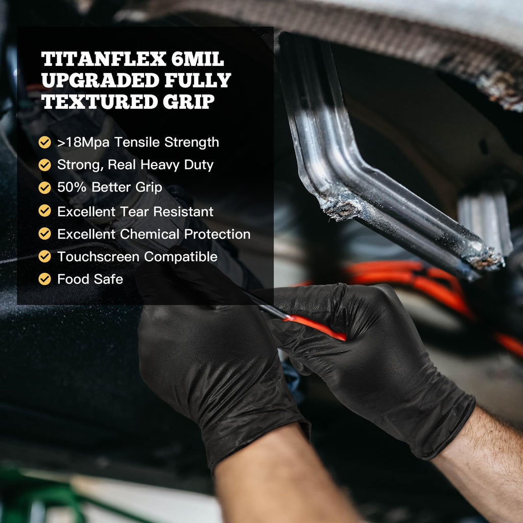 TitanFlex Heavy Duty Black Nitrile Gloves, 6-mil, Fully Textured, Large 1000-ct Box, Mechanic Disposable Gloves, Work Gloves, Latex Free, Powder Free, Rubber Gloves for Food Prep