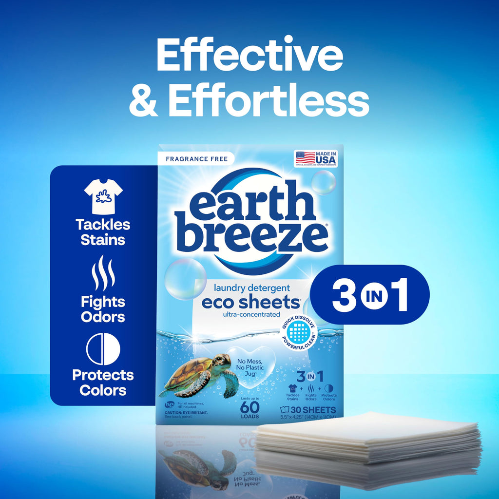 Earth Breeze Laundry Detergent Sheets Fragrance-Free - 180 Loads Eco Liquidless Soap - Travel-Friendly for Hot & Cold Cycles, Tackles Tough Stains & Odors - Gentle on Sensitive Skin, 90 Ct (3 Pack)