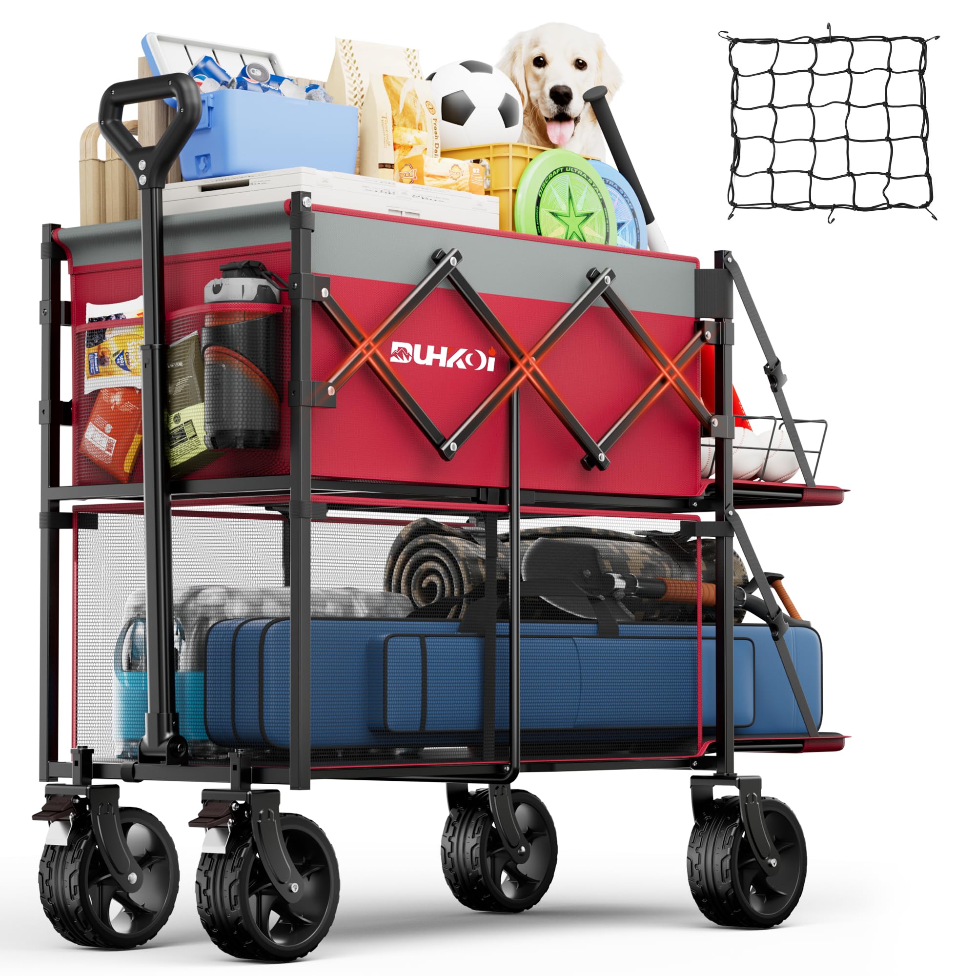 DUHKOI Double Decker Collapsible Wagon with Brakes,Compact with Tailgate