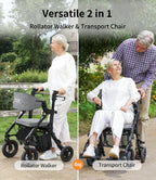VOCIC Rollator-Walkers-for-Seniors-with-Seat, Walker Wheelchair Combo, Transport-Wheelchair-Lightweight-Foldable, Adult Walkers All Terrain, 2 in 1 Rolling Walker Chair with Brakes & Pouch