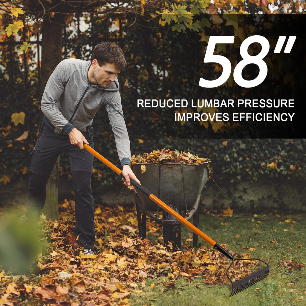 VNIMTI Garden Rake for Gardening, Heavy Duty Garden Rake for Lawns, 14 Tines Bow Rake with Fiberglass Handle, 58 Inches