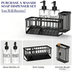 MASADI Kitchen Sink Caddy with Dish Soap Dispenser Set, 12OZ Glass Bottle, Hand and Dish Soap Dispenser Set, Non-Slip Silicone Pad, Brush Holder, Kitchen Sink Organizer Countertop (Black+Clear)