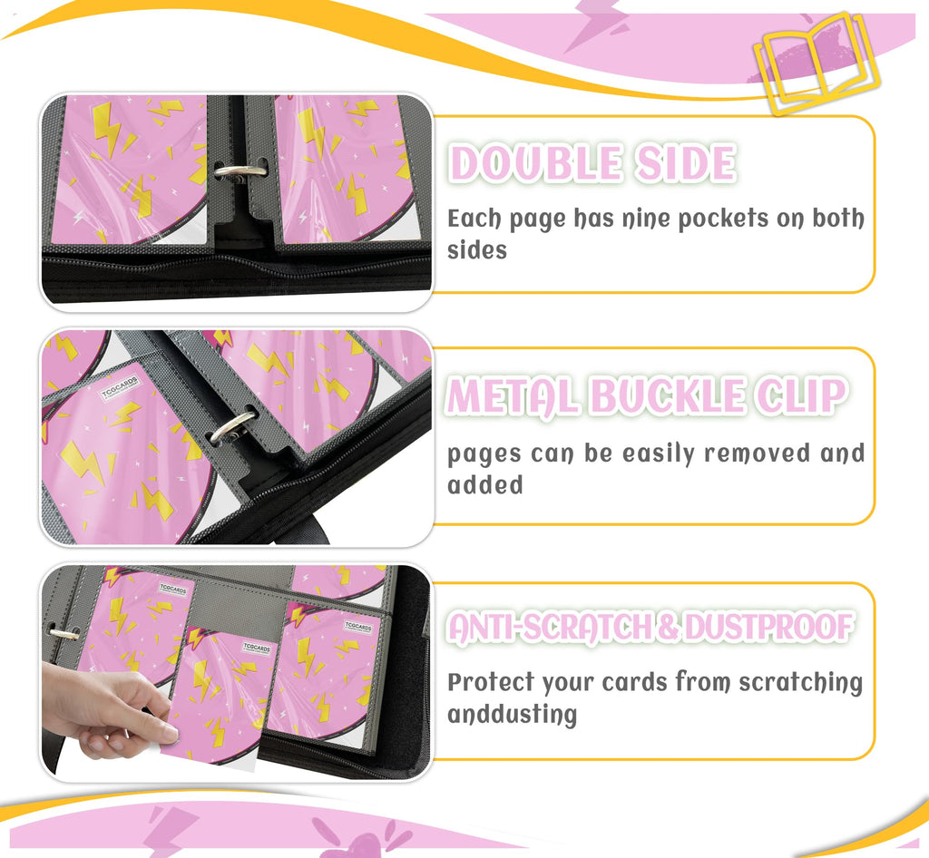 Trading Card Binder 9 Pocket,Card Binder 900 Pockets,Card Book Holder Cards with 50 Removable Sleeves,3-Ring Zip Design MTG/TCG/Sport Collectible Trading Card Albums Gifts for Boys and Girls (Pink)