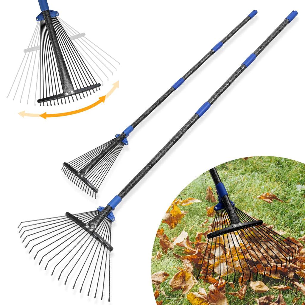 Adjustable Leaf Rake, Heavy Duty Metal Rake for Leaves, Long Handle 30"-60" with Expandable Head 8"-17", Collapsible Small Rakes for Lawns, Gardening, Yard, Camping, Shrub, Grass, Bush, Weed, Debris