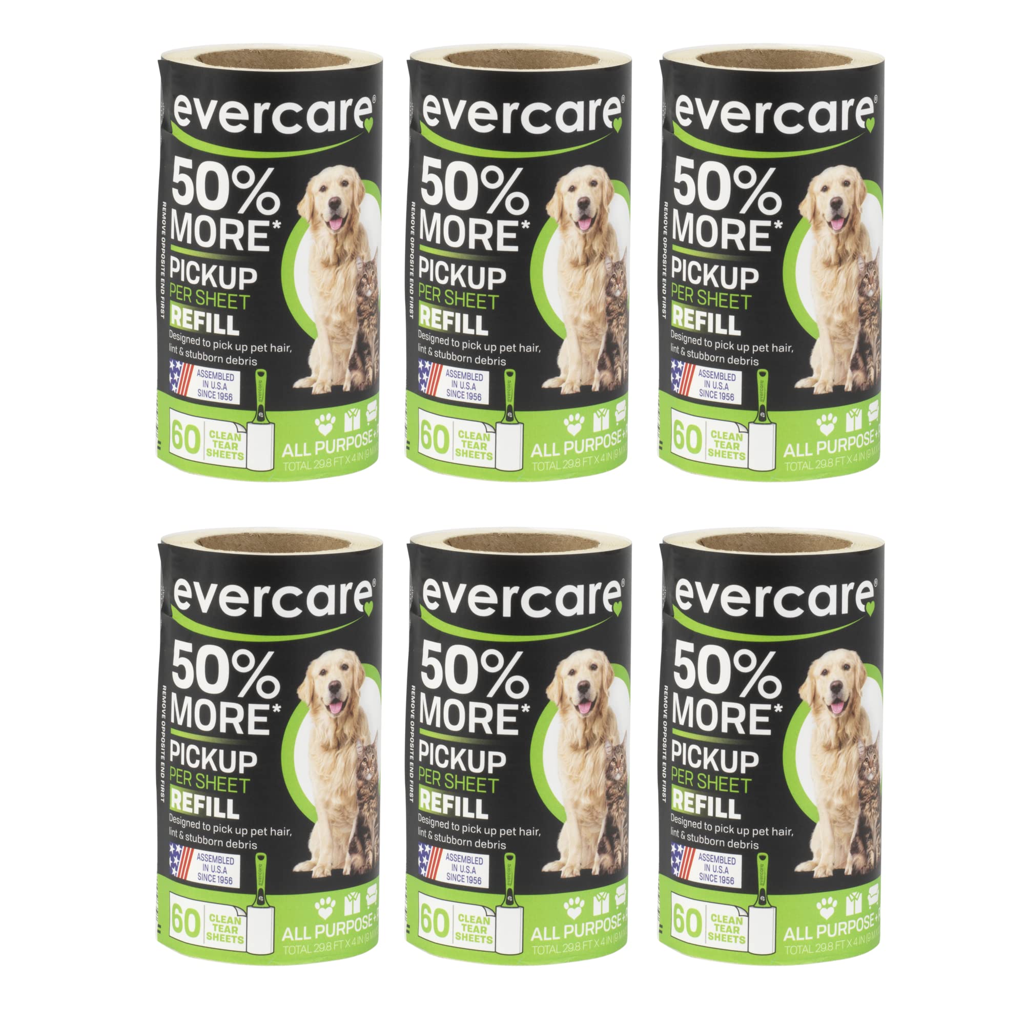 Evercare Pet Lint Roller Refill, Manual Operation, 60 Sheets per Roll, 6 Count Refill Pack for Pet Hair Removal, Green