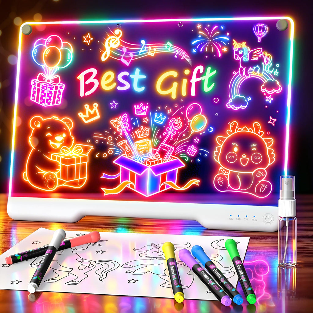 LED Drawing Board with 9 Light Effects, Rechargeable 16" Glow Doodle Note Message Board with Colors, Neon Light Up Drawing Pad Gift Ideas for Kids, Birthday, Christmas with Markers & Tracing Book