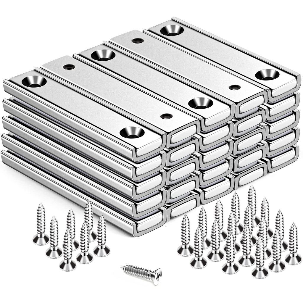 TRYMAG Strong Bar Magnets with Hole, 80 Lbs Heavy Duty Neodymium Rectangular Pot Magnet with Screws for Wall Mounting, 25 Pack Rare Earth Magnets Strips for Garage, Workshop - 60x13.5x5mm