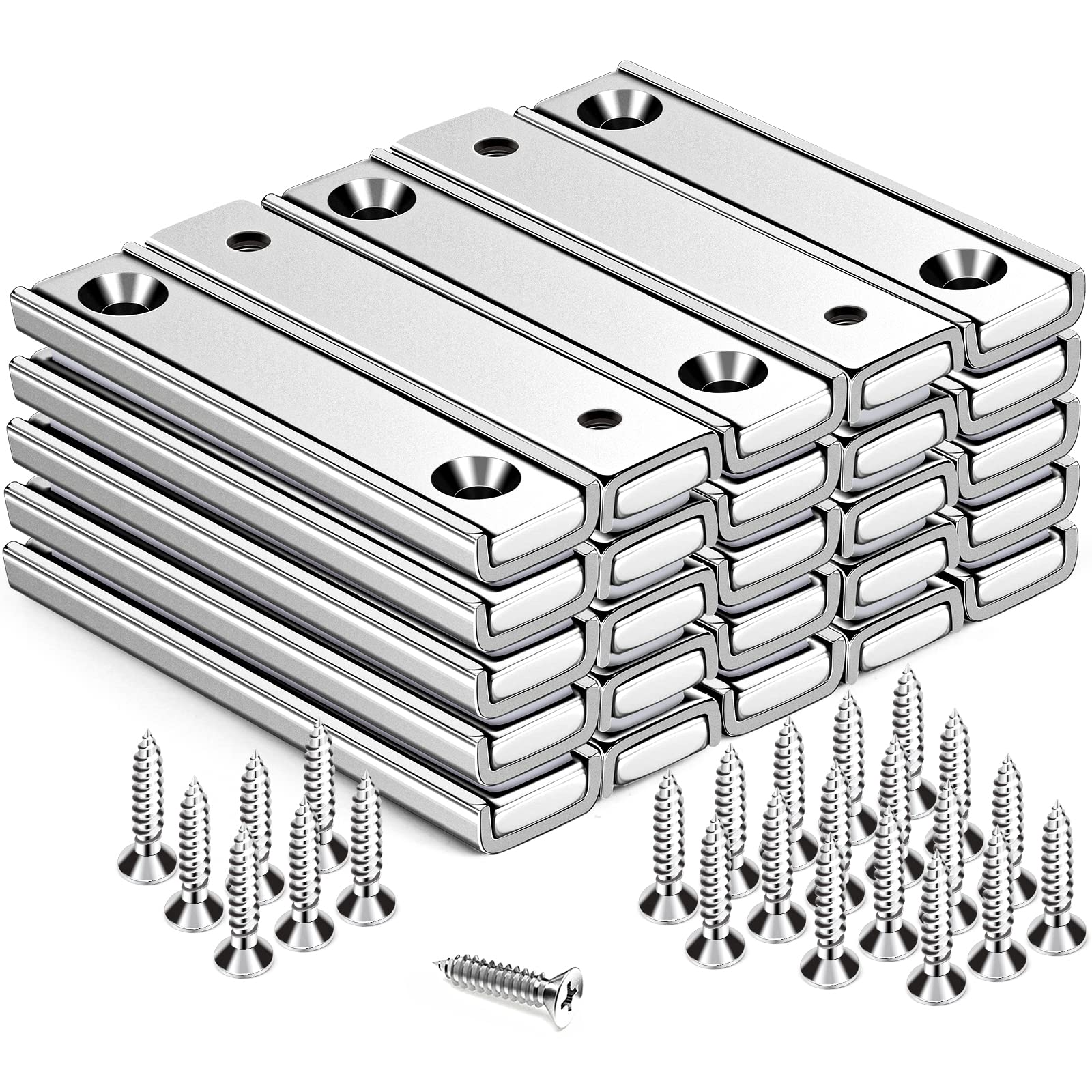 TRYMAG Strong Bar Magnets with Hole, 80 Lbs Heavy Duty Neodymium Rectangular Pot Magnet with Screws for Wall Mounting, 25 Pack Rare Earth Magnets Strips for Garage, Workshop - 60x13.5x5mm