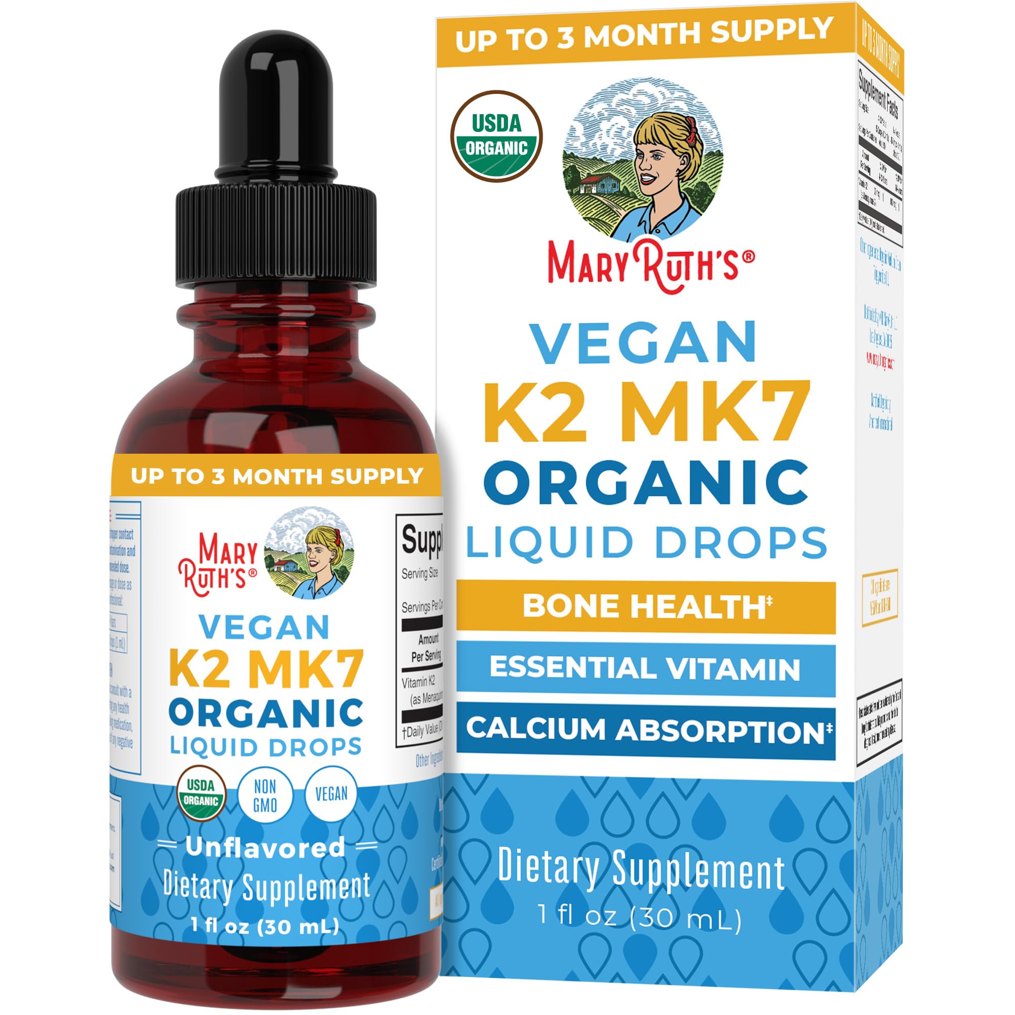 MaryRuth’s USDA Organic Vitamin K2 MK7 Liquid Drops for Adults & Kids | Sourced from Natto | Menaquinone- 7 | Vegan K2 Vitamin for Bone Health & Calcium Absorption | 1oz | Up to 90 Servings