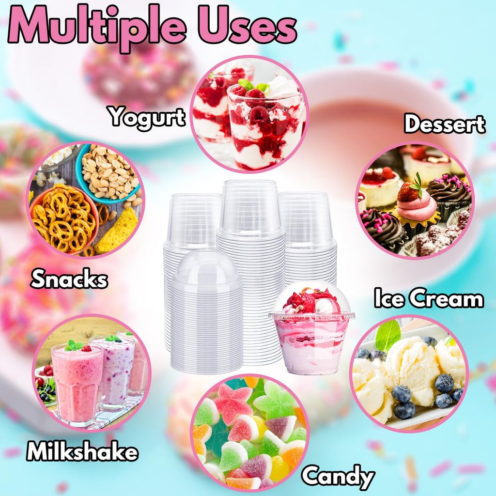 Alaeseje 100 Pack 8oz Disposable Clear Plastic Cups with Dome Lids(Hole in the Lid),PET Dessert Cups,Disposable Snack Bowls for Ice Cream,Cake,Fruit,Parfait, Pudding and Jello Shot