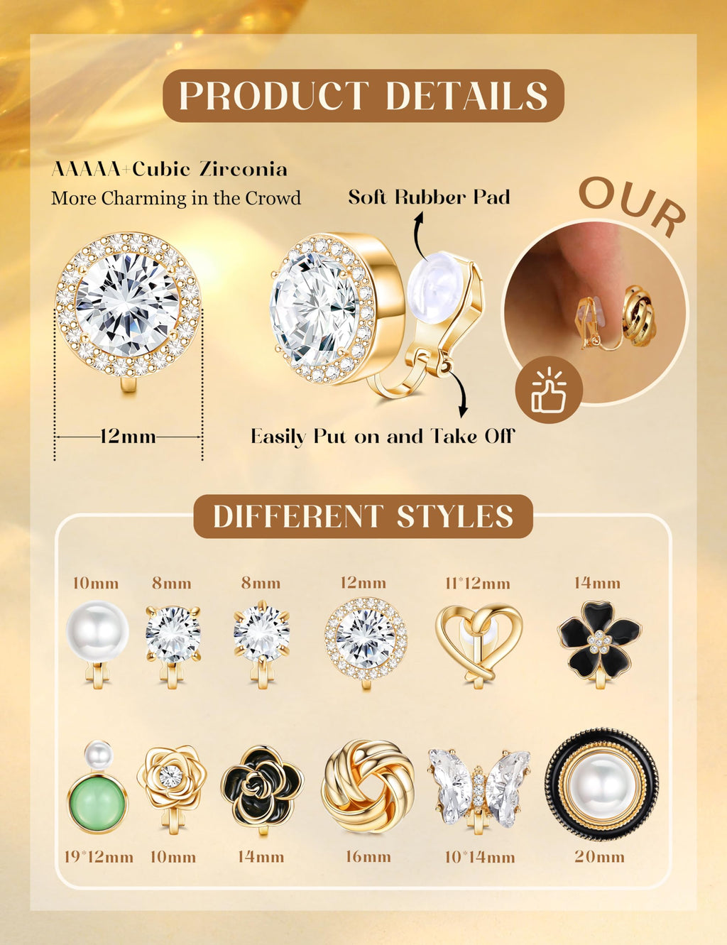 THUNARAZ 12 Pairs Gold Clip on Earrings for Women CZ Pearl Non Piercing