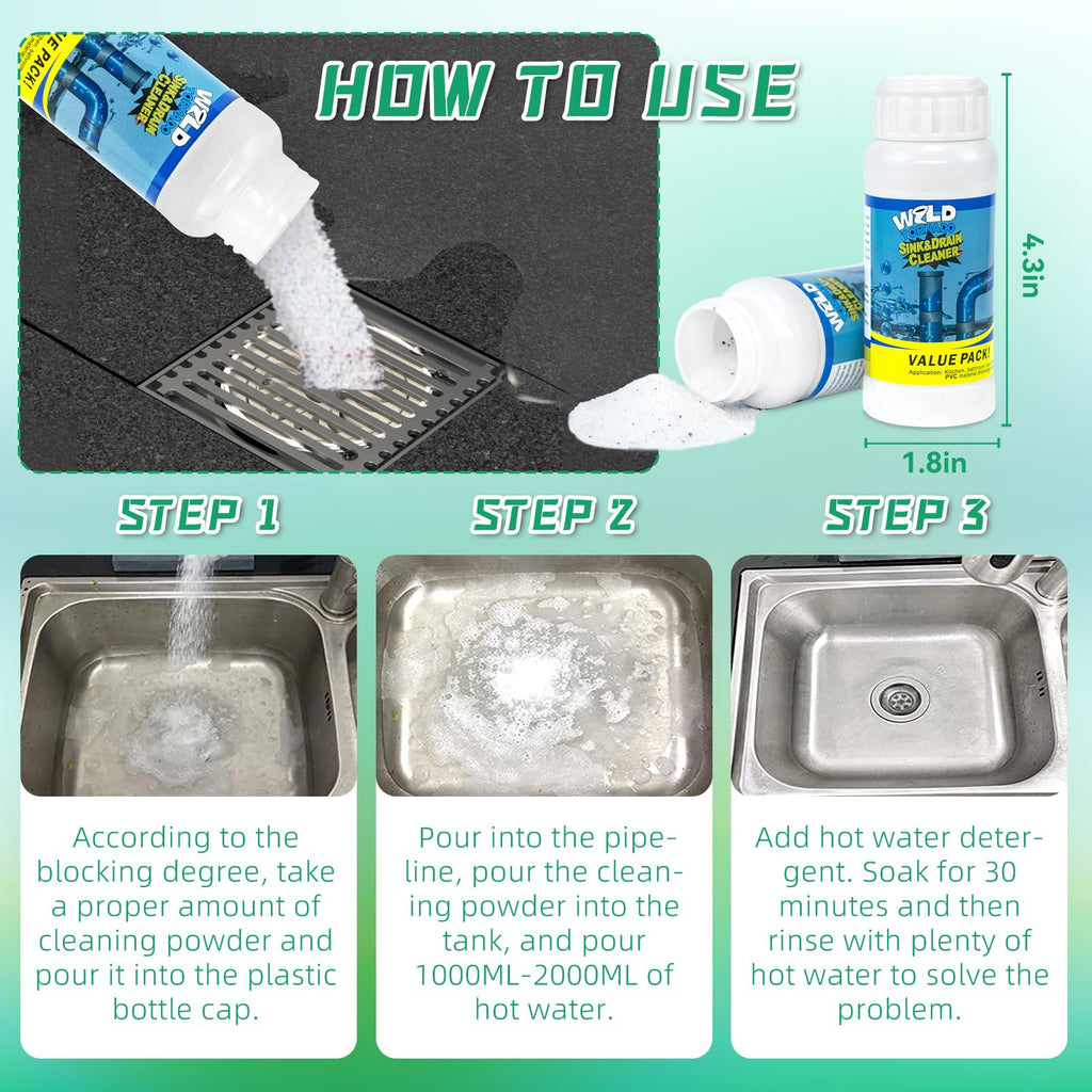 GARINOM Drain Cleaner Powder, Wild Tornado Sink and Drain Cleaner Powerful Pipeline Dredging Agent, Kitchen Unblocker, Powder for Kitchen Toilet（3Pcs）