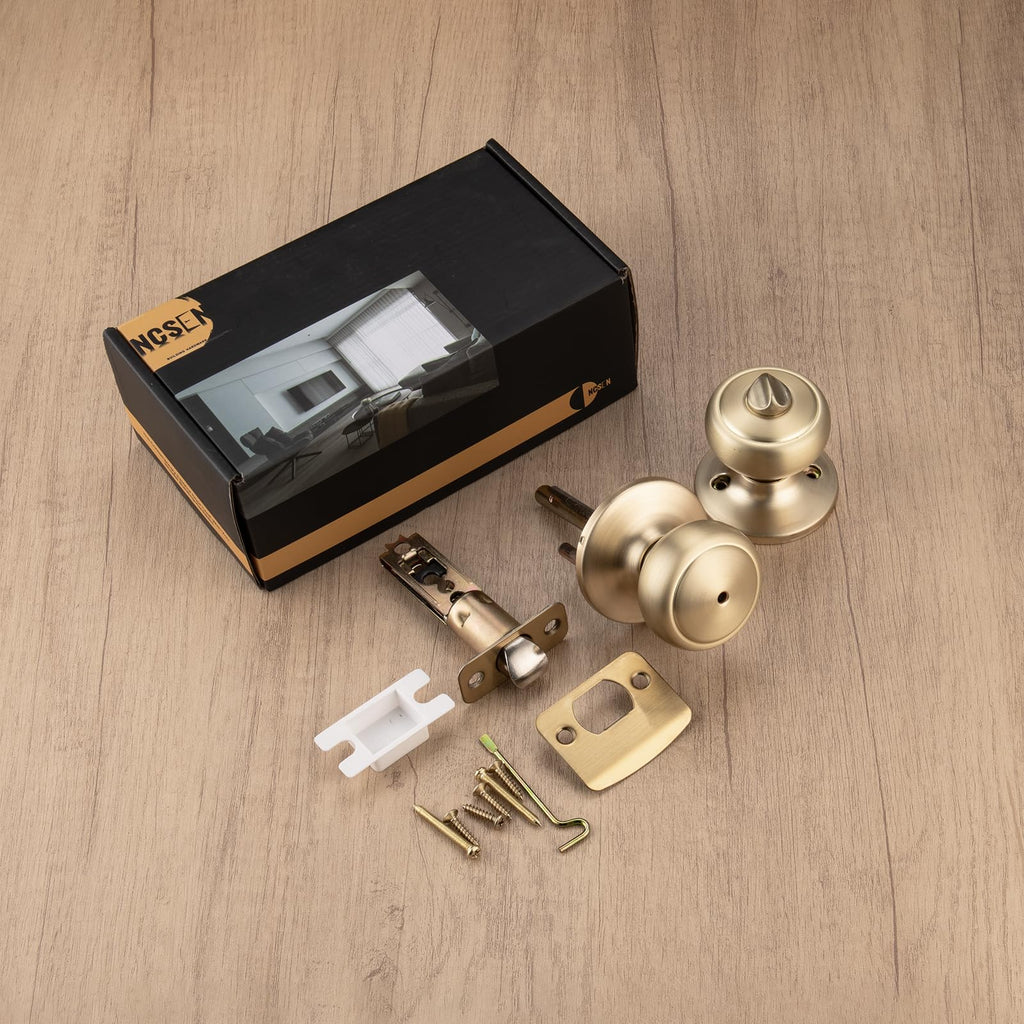 NCSEN 3 Pack Gold Door Knobs,Interior Door Knob with Lock,Coastal Style Satin Brass Door knob for Privacy and Bedroom