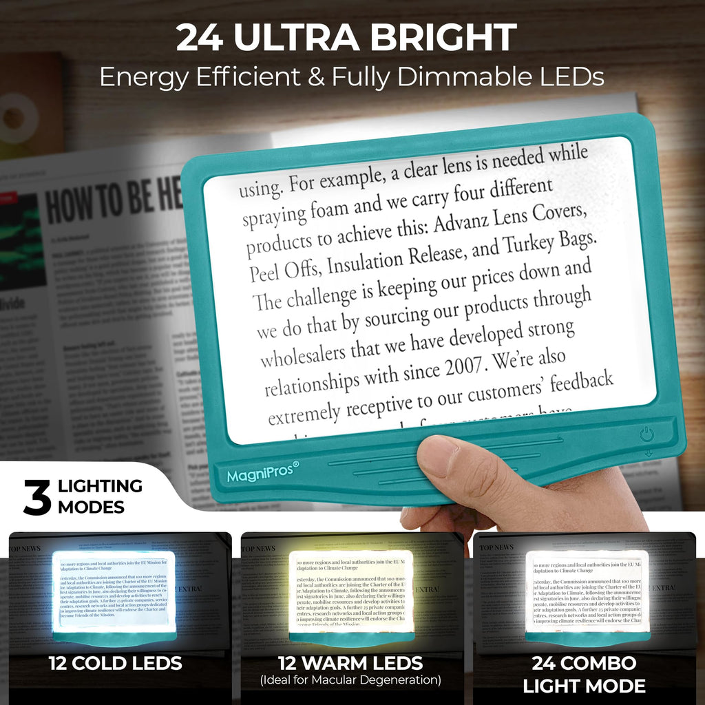 MAGNIPROS 5X Large LED Full Page Magnifying Glass w/Collapsible Hands-Free Stand & 3 Color Light Modes to Reduce Eye Strain-Ideal Reading Small Prints, Crafting, Low Vision & Seniors