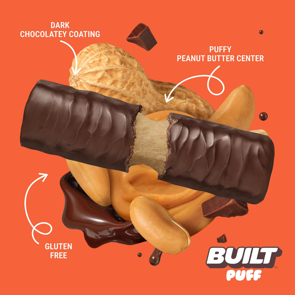 Built Puffs Bars, 12 Count Protein Bar - High Protein Energy Bars, Collagen, Gluten Free, Chocolate Covered, Low Carb, Low Calorie, Low Sugar, Delicious Protein, Healthy Snack (Peanut Butter)