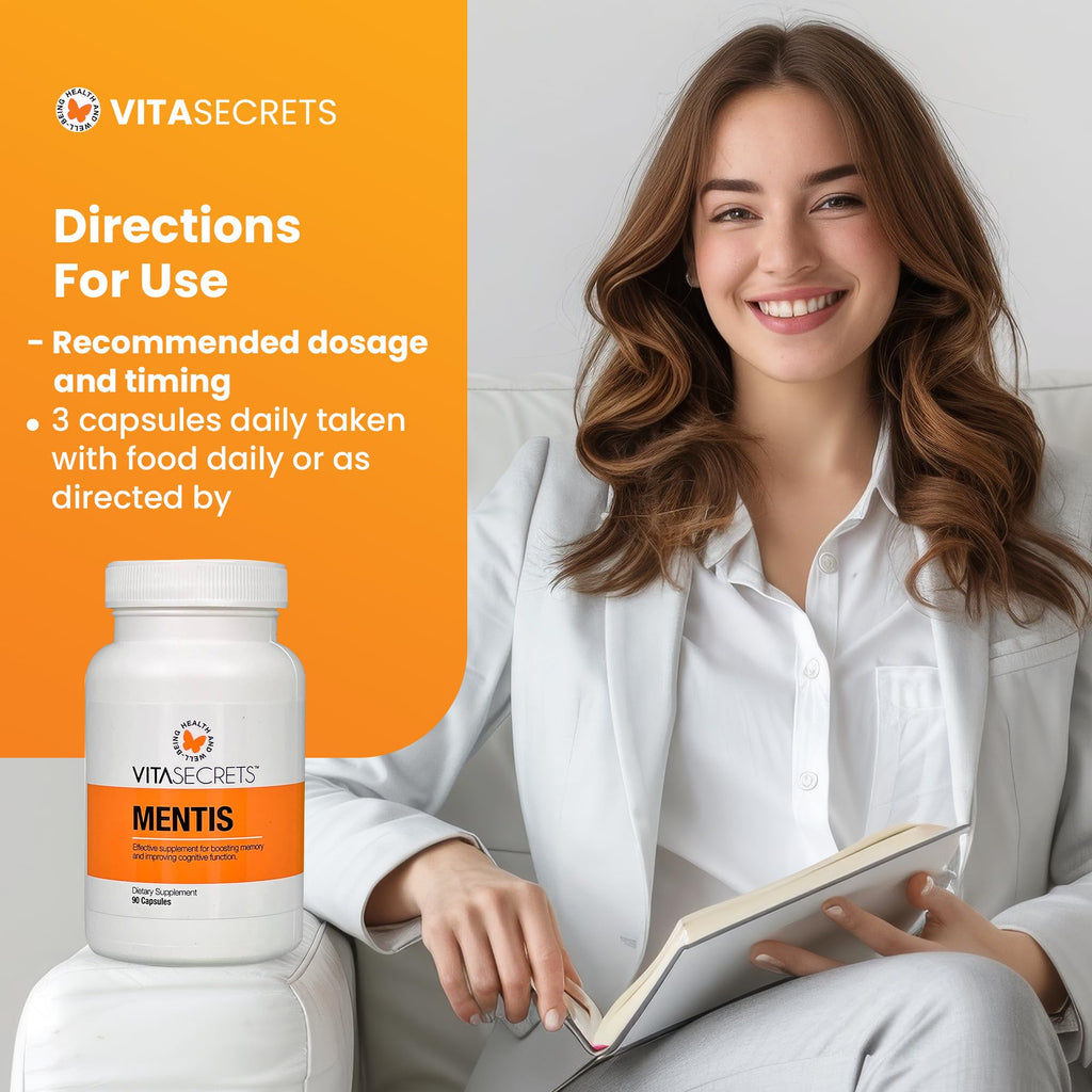Vitasecrets Mentis Memory & Cognition Support Supplement - Concentration, Clarity, Cognitive Enhancement - Vitamins B6, B12, Ashwaganda, Gingko Biloba| Gluten and GMO Free, 90 Capsules