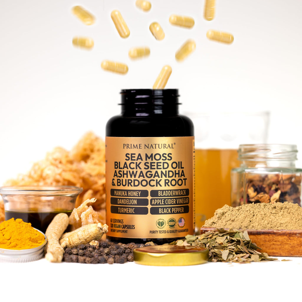 PRIME NATURAL Sea Moss 300mg Black Seed Oil 200mg Ashwagandha 100mg Turmeric Bladderwrack Burdock Manuka Honey Dandelion ACV - 120 Capsules | 60 Days Supply | Vegan
