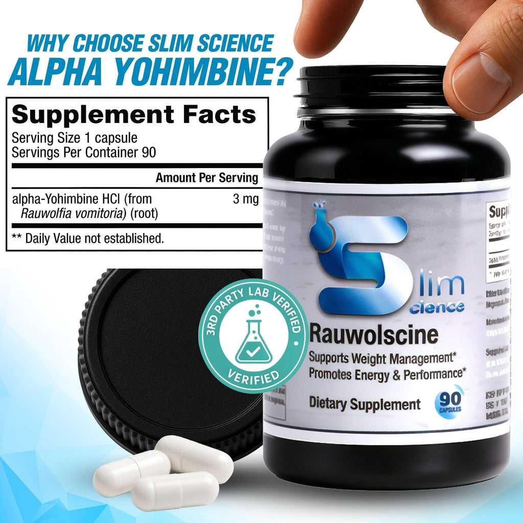Slim Science Rauwolscine Yohimbine HCL Dietary Supplement - 3mg Per Capsule, 90 Capsules Once a Day | Supports Energy, Focus, Performance and Healthy Metabolism