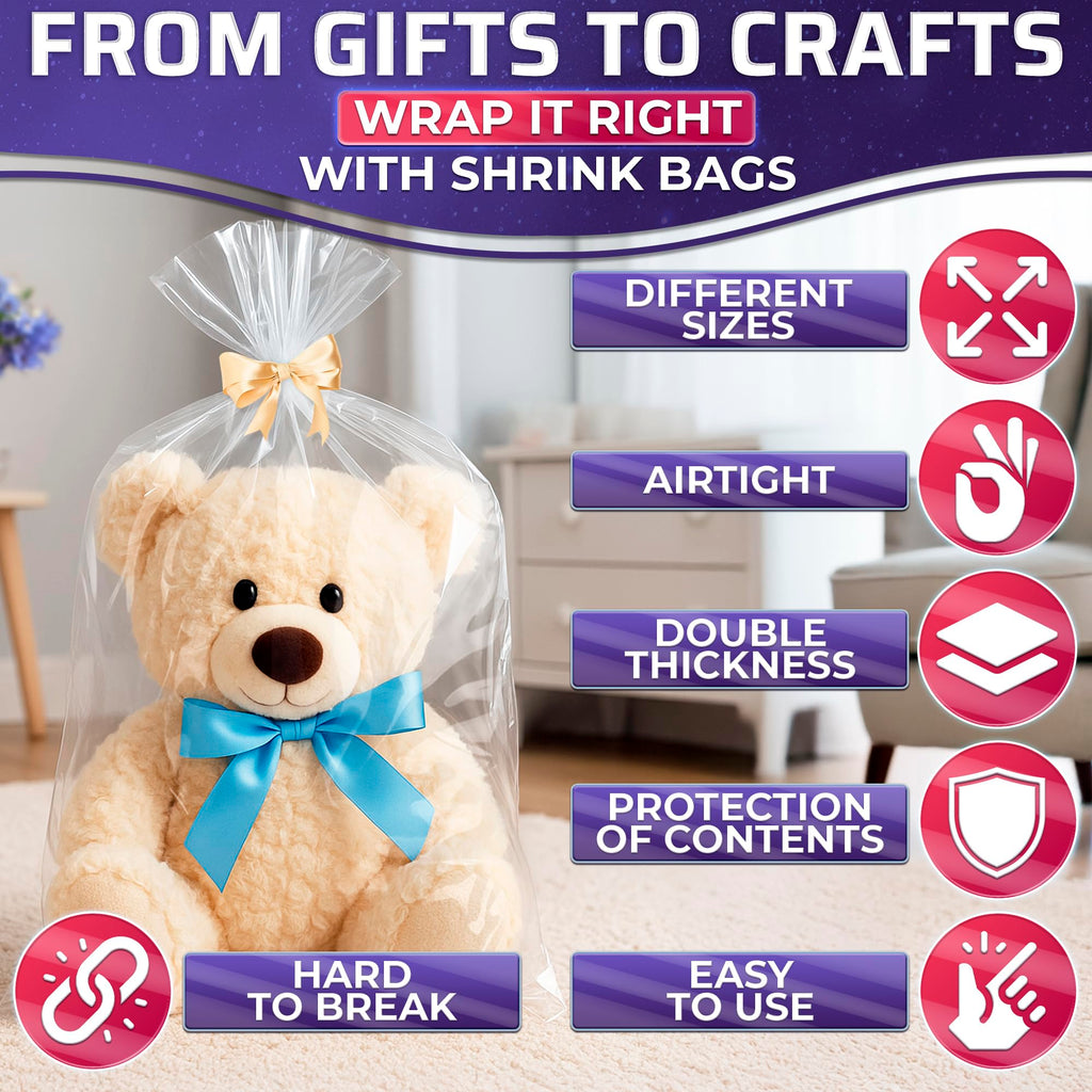 16x24 Shrink Wrap Bags for Gifts – 50 Pcs Clear Heat Shrink Wrap for Father’s Day Packaging, Works with Hair Dryer at Medium Temperature – Neat Storage for Clothing, Cosmetics, Boxes & Bulky Items