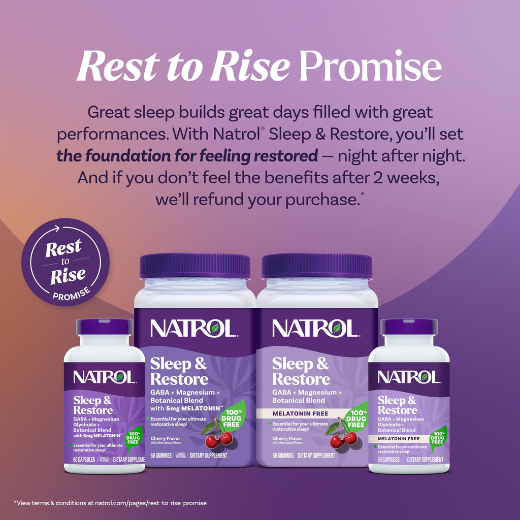 Natrol Sleep + Restore Magnesium Glycinate Blend Gummies with Melatonin 5mg - Calm Magnesium with GABA, Botanical Blend, Cherry Flavor, 60 Gummies