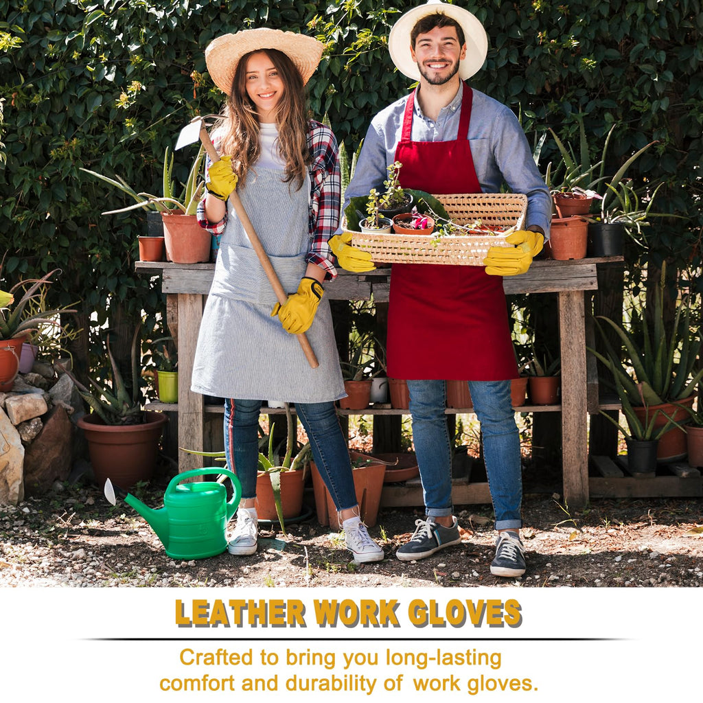 LOCCEF 2 Pairs Leather Work Gloves for Men and Women,Cowhide Leather Gloves Utility Working Gloves (Yellow, 11/XXL)