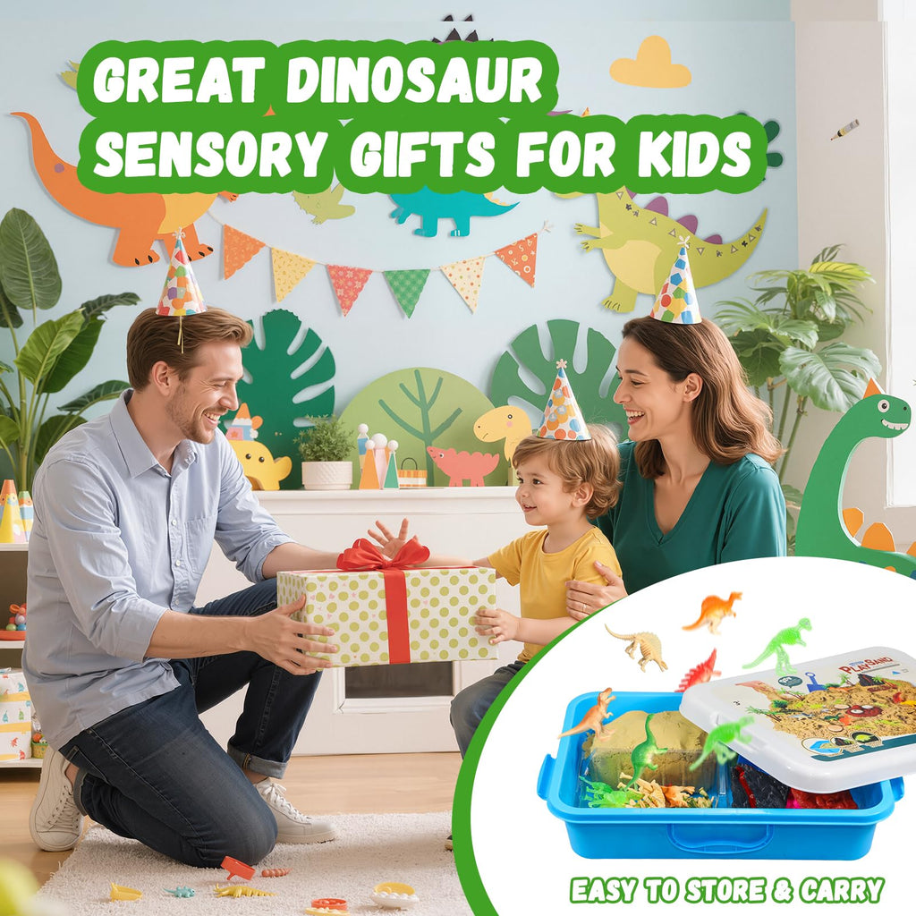 Pakimio Dinosaur Sensory Sand Kit, Lidded Dino Sensory Bin Sandbox for Kids