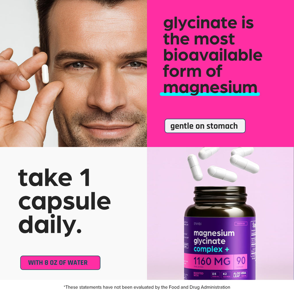 Magnesium Glycinate 1160mg + Aloe Vera, D3 & K2 Complex 90 Capsules - High Absorption, Non-Laxative - Supports, Muscle Function & Healthy Metabolism Chelated Formula