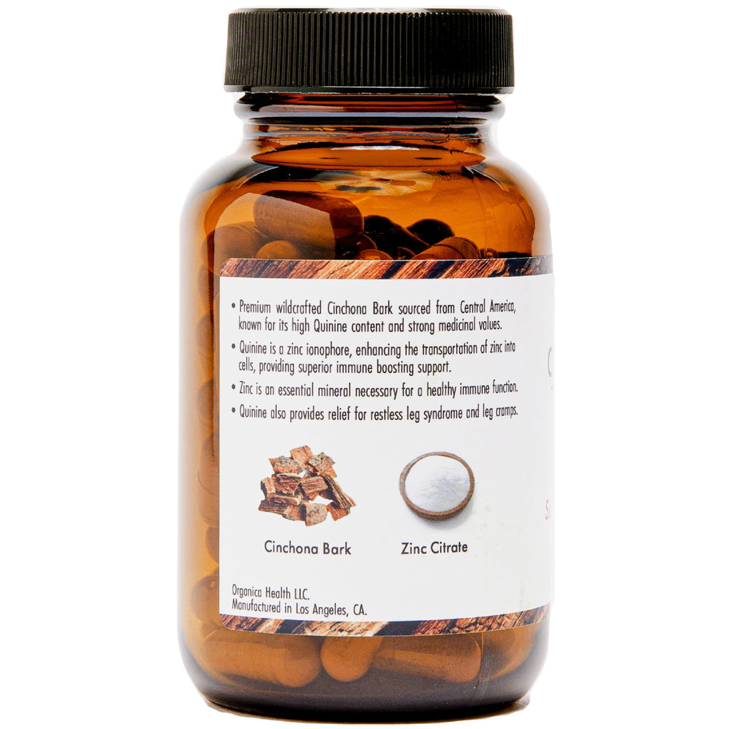 Quinine for Leg Cramps Defense, Restless Legs Relief - Organic Quinine with Zinc 50mg - Cinchona Bark Herbal Supplement for Muscle Cramp, Immune and Digestive - 70 Vegan Capsules - Organica Health