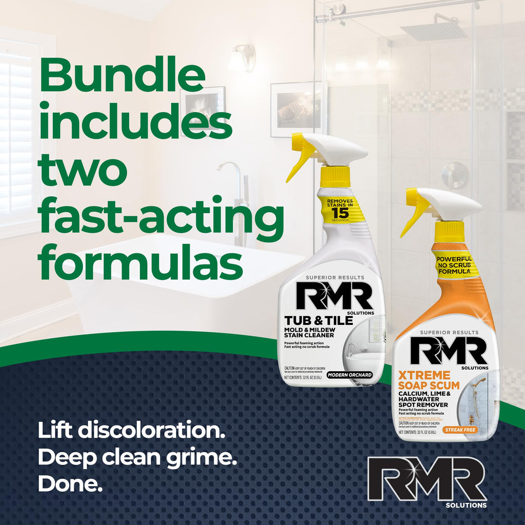 RMR Bathroom Breakthrough Bundle – Tub & Tile Cleaner + Xtreme Soap Scum Remover, 2-Step Deep Clean System for Shower, Tub, Tile, Grout, & Glass Buildup, Stains, & Grime, 2–32 Oz Bottles