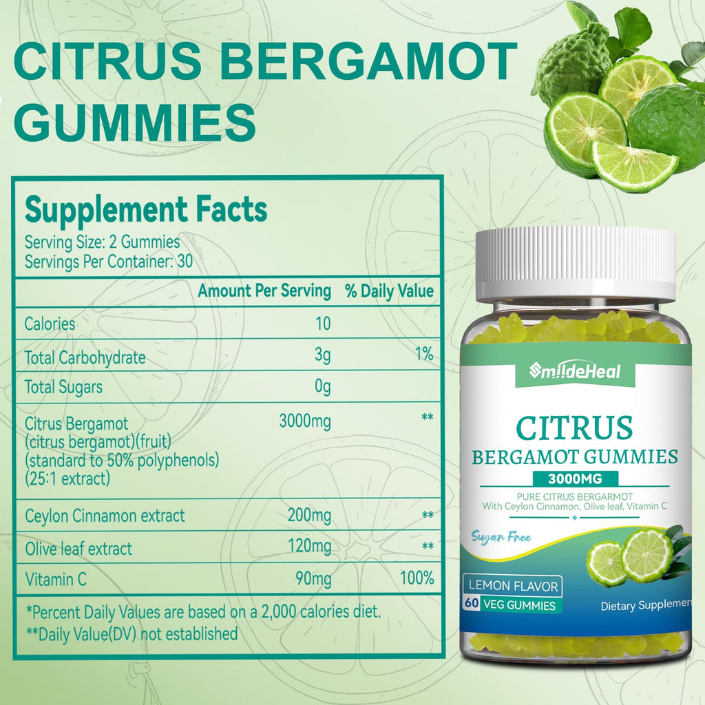 SmildeHeal Citrus Bergamot Gummies 3000mg, Bergamot Supplement for High Cholesterol, Cholesterol Lowering Supplement for Heart, Immune System & Anti-Aging, Sugar Free Vegan 120 Gummies
