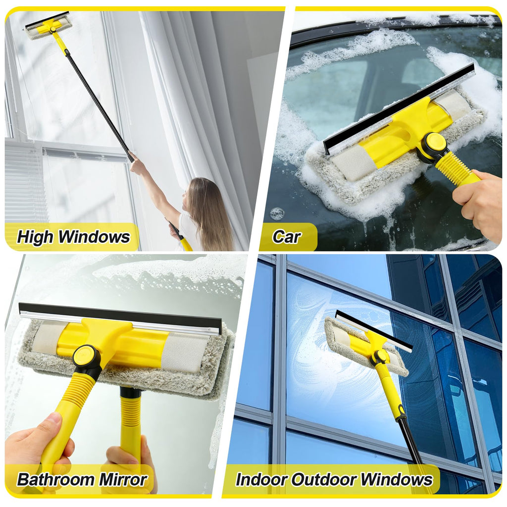 Window Squeegee with Extension Pole for Home, Professional Squeegee for Window Cleaning Tool Kit with Scrubber, 2 in 1 Rotatable Window Washing Kit for Car Glass Shower Indoor & Outdoor High Windows