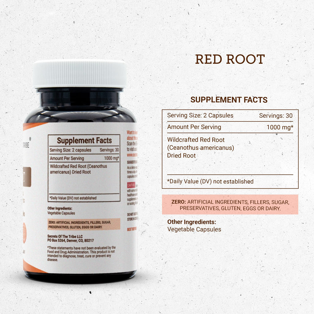 Secrets of the Tribe Red Root 60 Capsules, 1000 mg, Wildcrafted Red Root (Ceanothus Americanus) Dried Bark (60 Capsules)