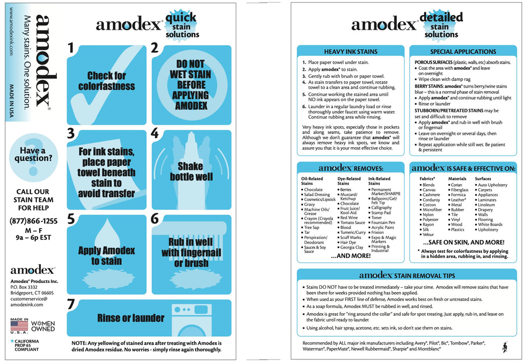 Amodex Ink & Spot Remover for Clothes, Leather and Skin - Removes Ink, Ballpoint, Sharpie, Grease and More, Works on Set-in Stains, Gentle but Powerful, 4oz/120ml Bottle