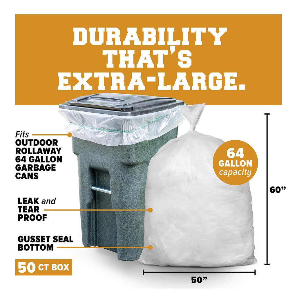 Plasticplace 64-65 Gallon Trash Can Liners for Toter │ 1.5 Mil │ Clear Heavy Duty Garbage Bags │ 50” X 60” (50Count) (W65LDCTL)