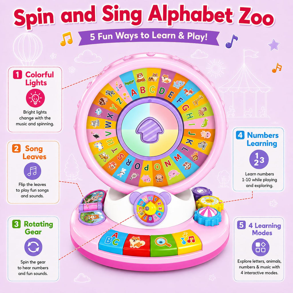 Toys for 1 2 3 Year Old Girls, Spin & Sing ABC Alphabet Learning Zoo with Lights & Sounds, Musical Educational Toy for Toddler 1-3, Christmas 1st Birthday Gifts for Baby Kids Age 12-18 Months+