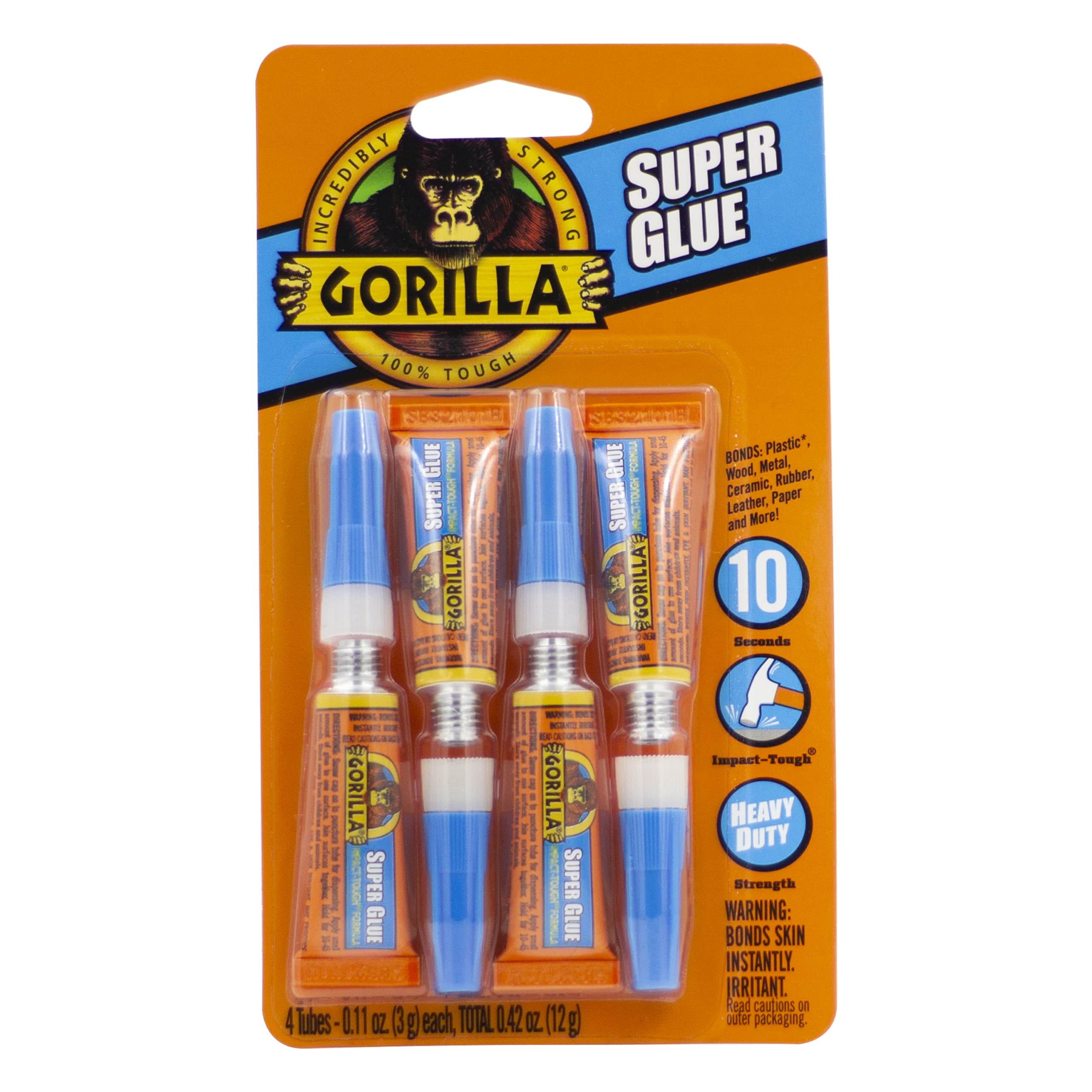 Gorilla Super Glue, Fast‑Setting, Impact‑Tough All‑Purpose Adhesive with Anti-Clog Cap, 4-3 g Tubes, (Pack of 1) - Clear