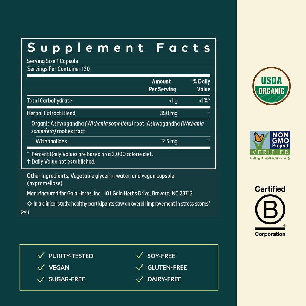 Gaia Herbs Ashwagandha Root - Stress Relief & Sleep Support Supplement - Supports Balanced Energy Levels & Positive Outlook* - 120 Vegan Liquid Phyto-Caps (60 Servings)