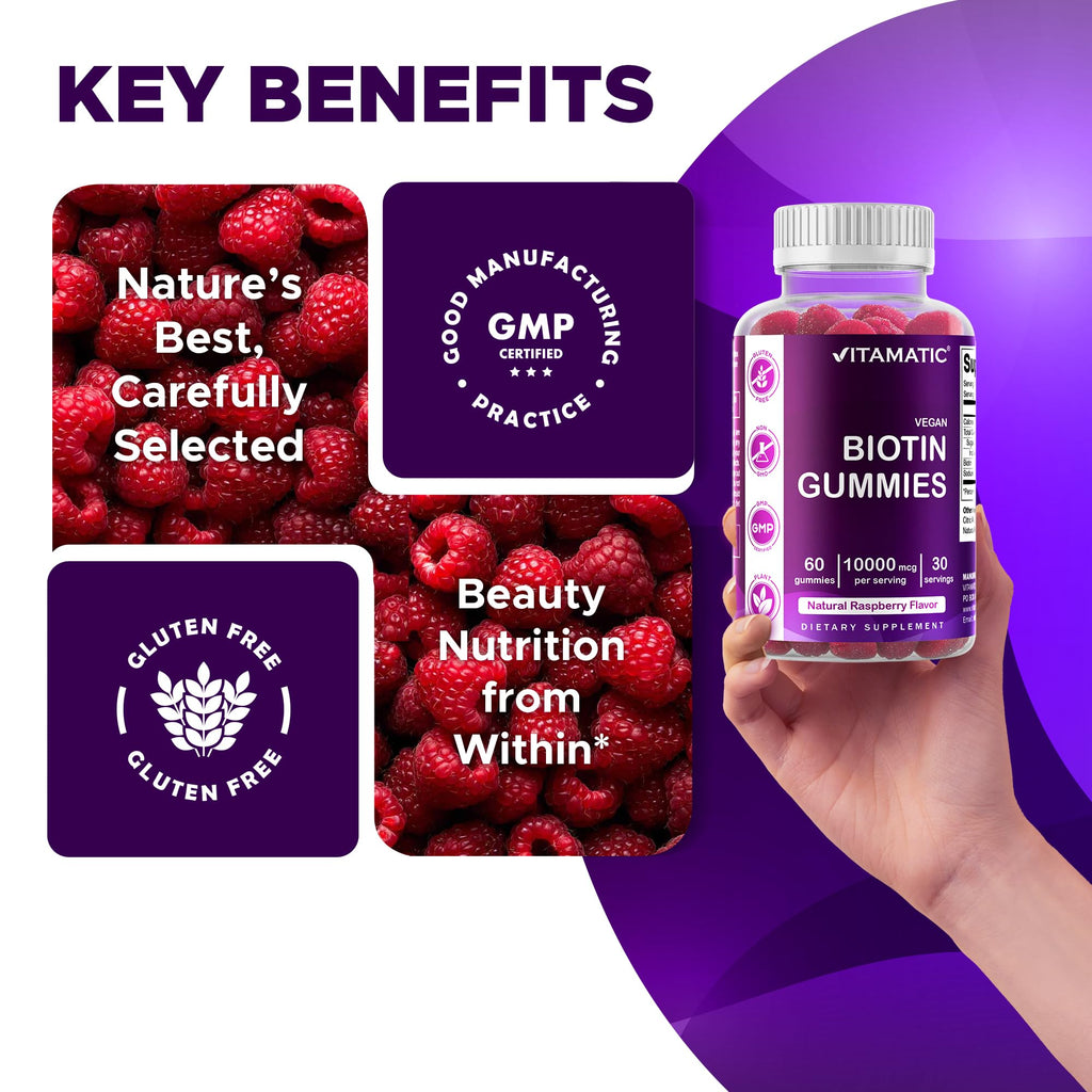 Vitamatic Biotin Gummies 10,000 mcg for Stronger Hair, Skin & Nails - 60 Vegan Gummies - Also Called Vitamin B7 (6 Bottles)
