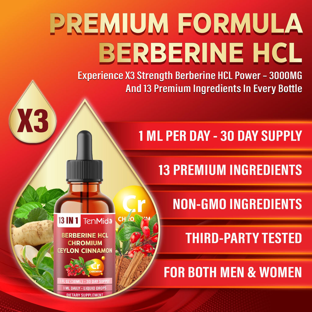 Tenmido 13in1 Berberine Liquid Drops with Chromium, Ceylon Cinnamon, Bitter Melon, Turmeric, Green Tea, Ginseng, Sylvestre, Moringa, Apple Cider Vinegar & More - 30 Days Supply - 1FL Oz