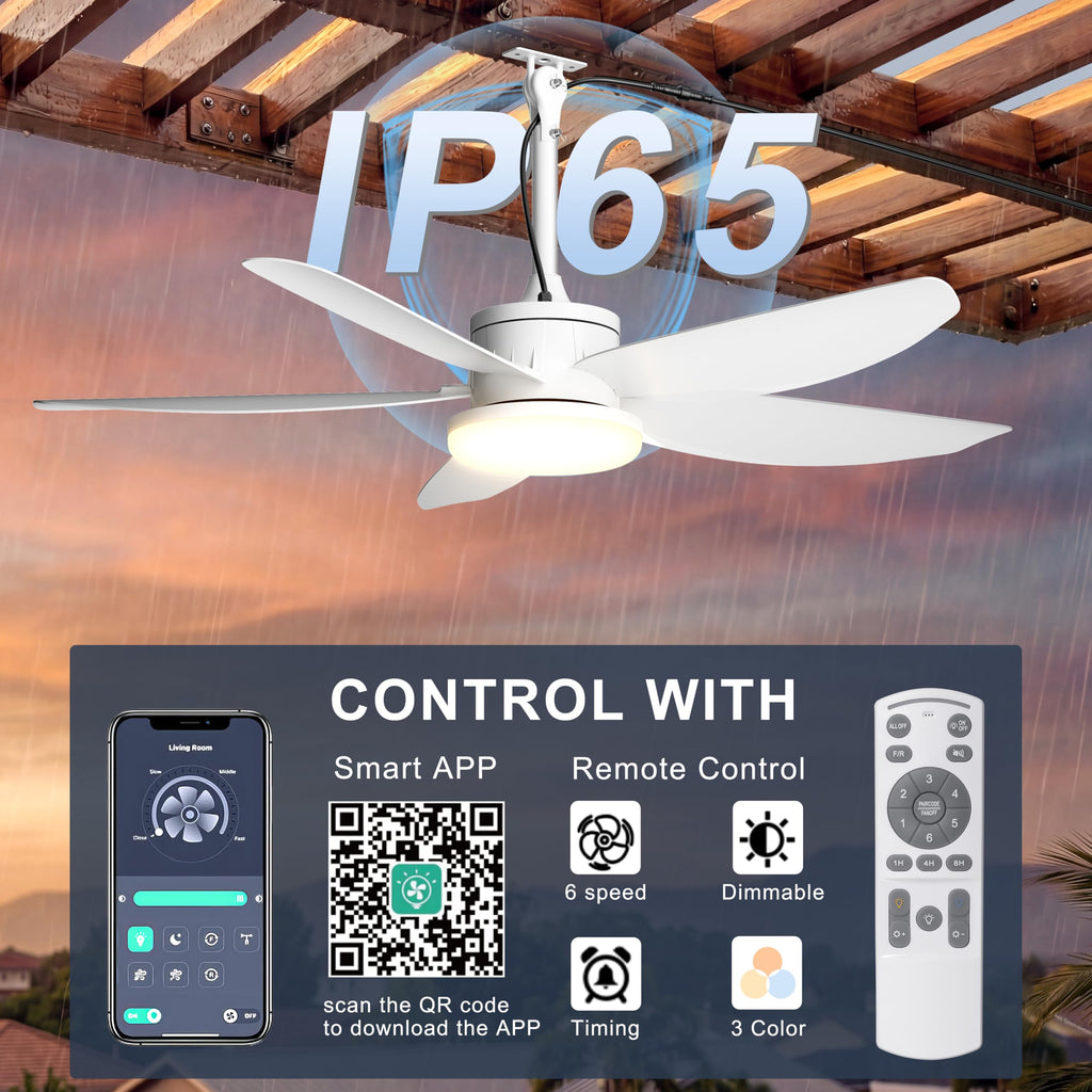 Phylluz Outdoor Ceiling Fan with Lights, 48 Inch Plug in Gazebo Fans with Remote APP Control, Quiet DC Motor, Dimmable 3CCT, Waterproof Hanging Fans for Covered Patios, Porch, White
