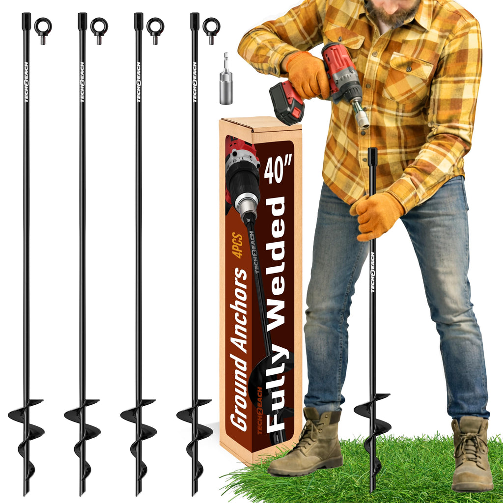 40 Inch Ground Anchor Stakes Heavy Duty – Extra Long Fully Welded Screw in Auger Ground Anchors for Deep Hold Tie Down Outdoor Structures, Earth Anchors for Shed Canopy Tent Yard, Sandy Soil, 4 Pack