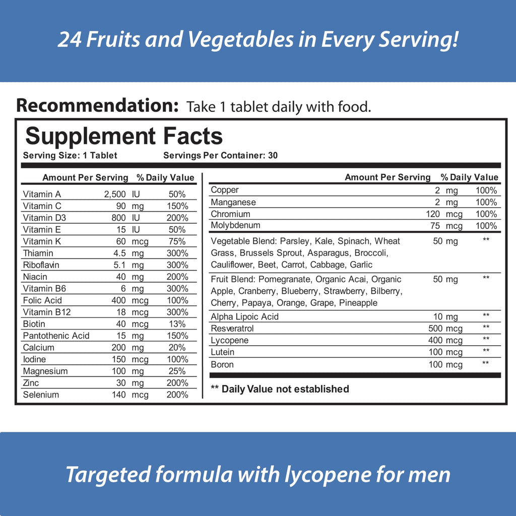 Reload! for Men, All Natural, Multivitamin, Multimineral, and Antioxidant, with 24 Fruits and Vegetables! 1 Month Supply.