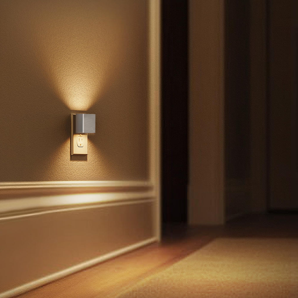 L LOHAS LED Night Light,Night Lights Plug into Wall,[2-Pack] Dimmable Night Light with Light Sensor,3000K Warm White,Silver Nightlight for Bathroom Hallway Kitchen