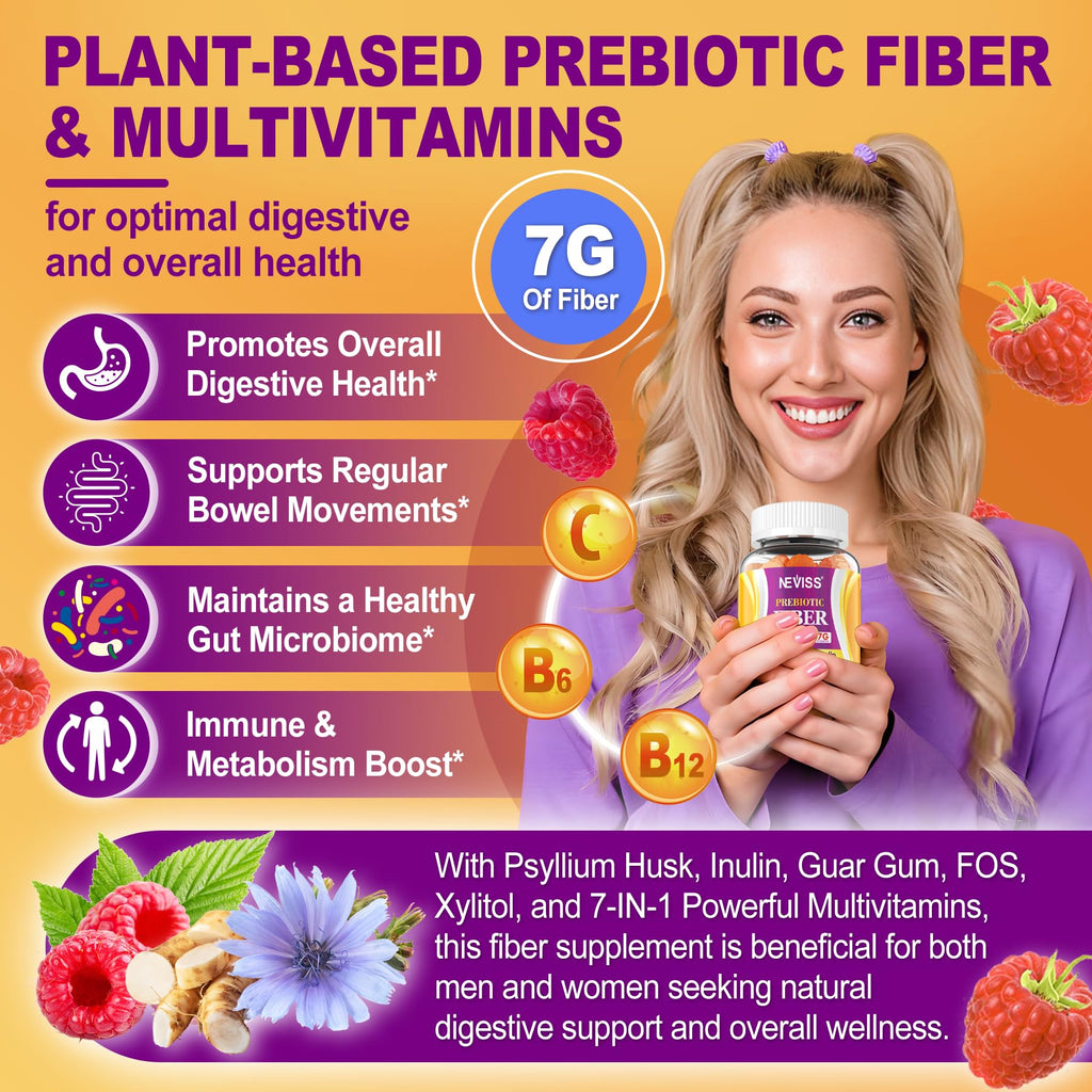 1Pack Fiber Gummies for Adults with Psyllium Husk, 7G(Soluble + Insoluble) Daily Prebiotic Fiber with Inulin, FOS, Guar Gum, Multivitamins for Daily Digestive Health, Regularity Gut Support,Sugar Free