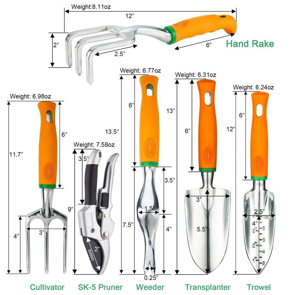 UKOKE Garden Tool Set, 12 Piece Aluminum Hand Tool Kit, Garden Canvas Apron with Storage Pocket, Outdoor Tool, Heavy Duty Gardening Work Set with Ergonomic Handle, Gardening Tools for women men