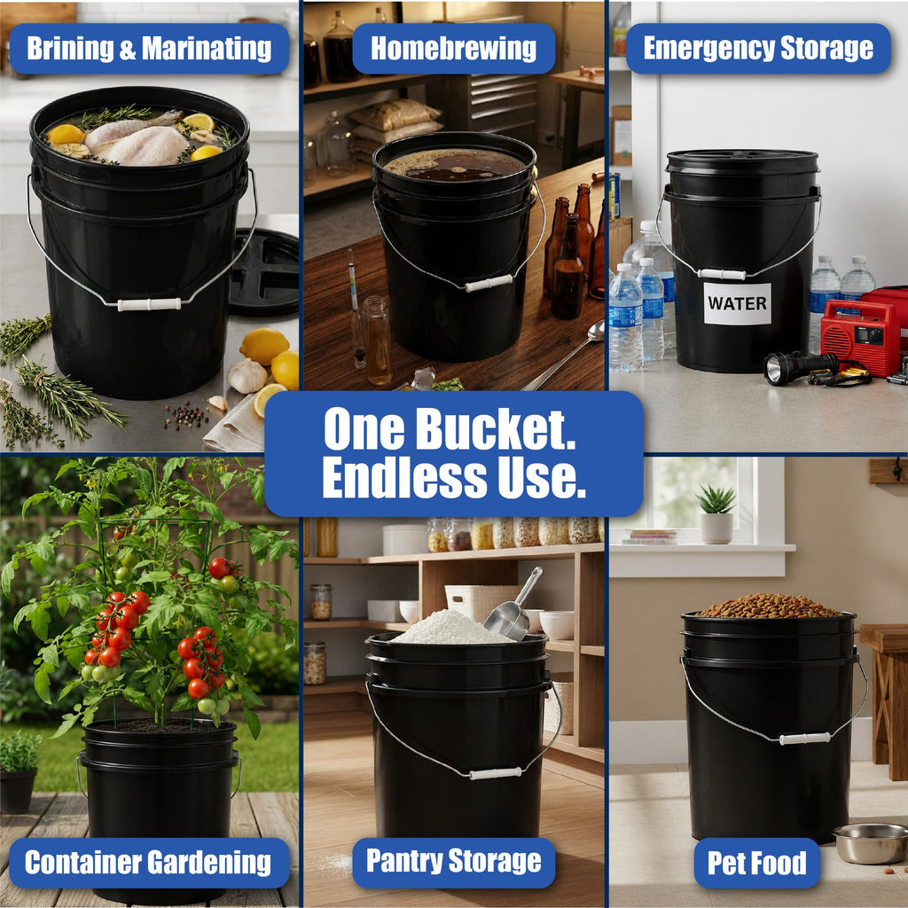 ePackageSupply 5 Gallon Bucket - Food Grade Bucket, Metal Handle Grip, BPA-Free, Heavy-Duty 90 Mil HDPE Plastic Pail, Stackable Utility Container, Made in USA, Lid Not Included, Black, 3 Packs