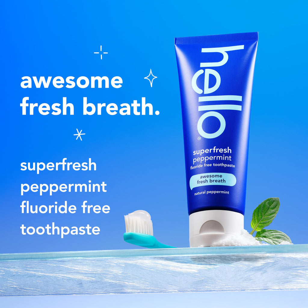 Hello Superfresh Natural Peppermint Fluoride Free Toothpaste for Bad Breath, 5 Oz, Minty Bad Breath Toothpaste, SLS Free, Vegan, Helps Whiten Teeth by Removing Surface Stains (Pack of 3)