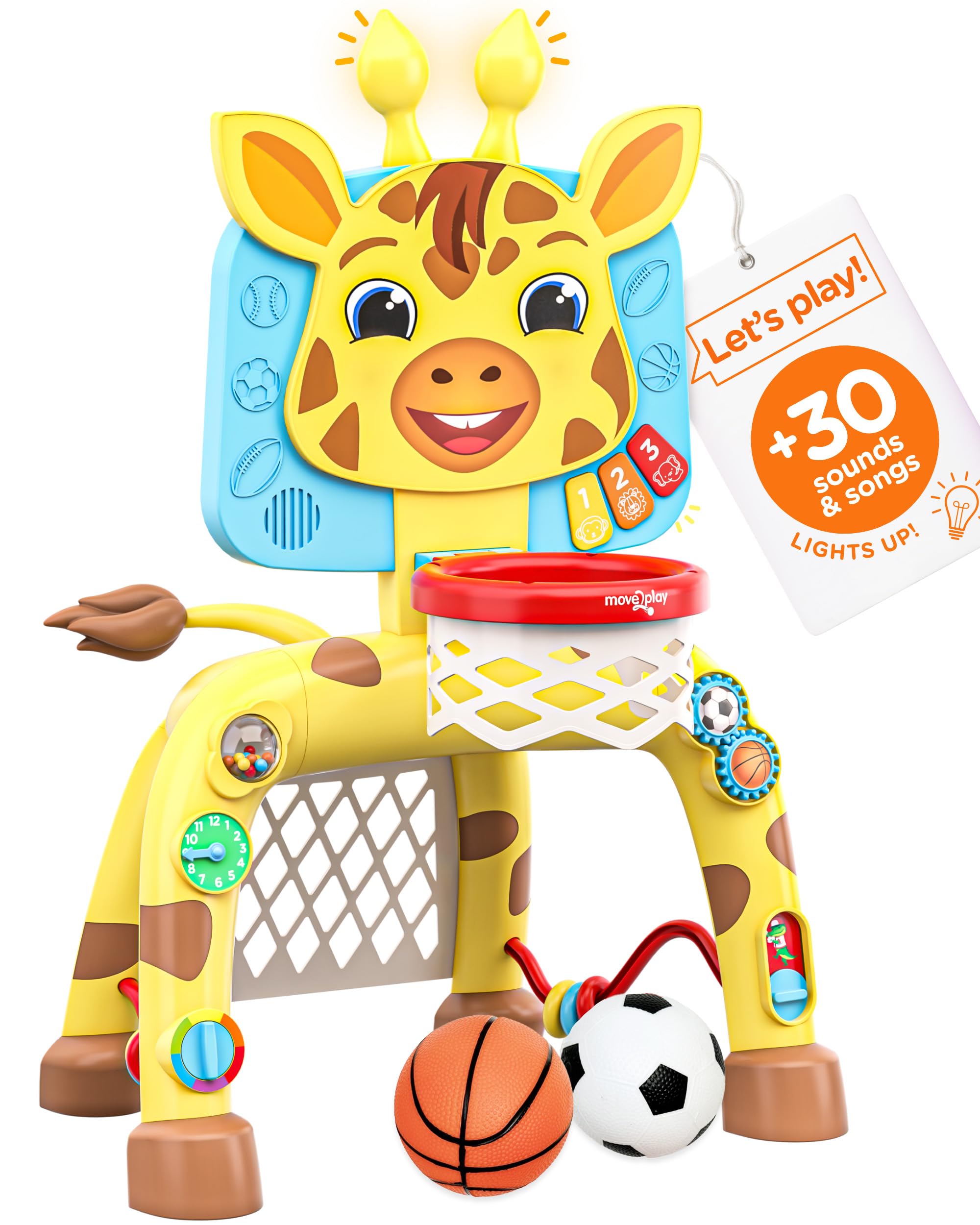 Move2Play, Giraffe Basketball Hoop & Soccer Goal Activity Center | 30+ Sounds & Lights | 1, 2, 3+ Year Old Gift & Birthday Present | 6, 12, 18, 24+ Month Toy For Baby, Toddler, Boys, & Girls