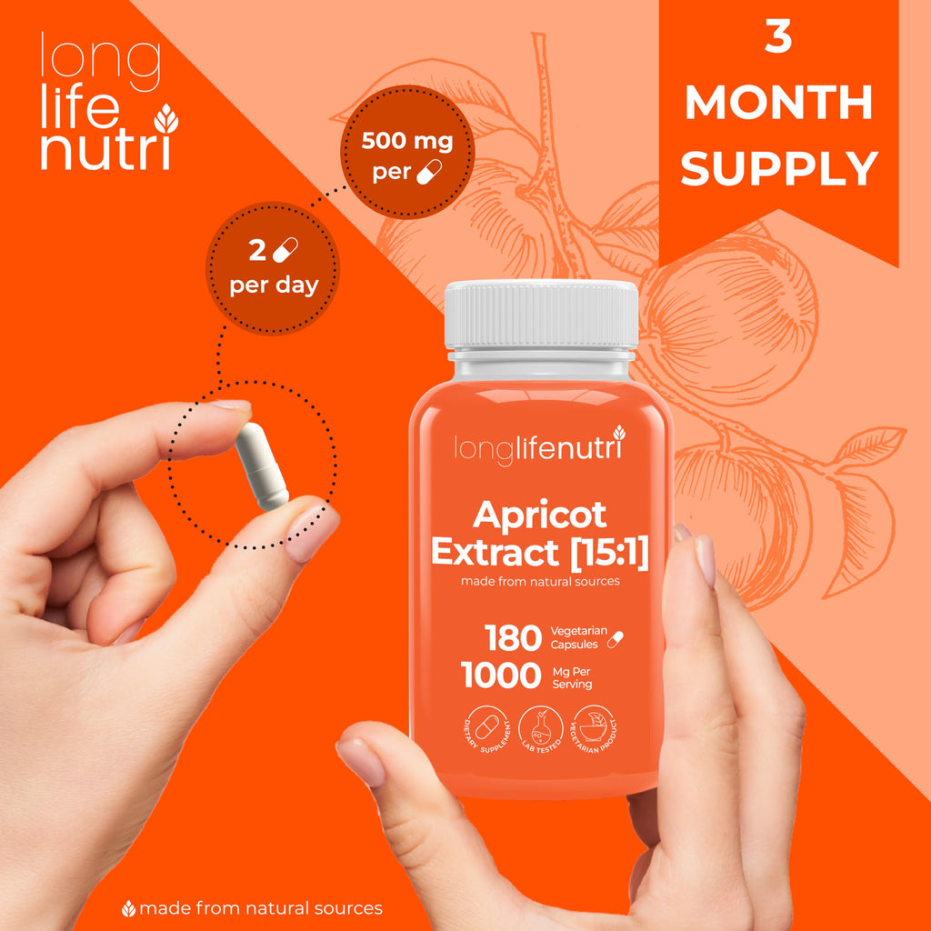 Apricot Extract - Advanced Formula, 1000mg per Serving, 180 Vegetarian Capsules for Natural Vitality, 3-Month Supply, Organic from Prunus Armeniaca - 15:1, Made in USA, Lab Tested, Non-GMO